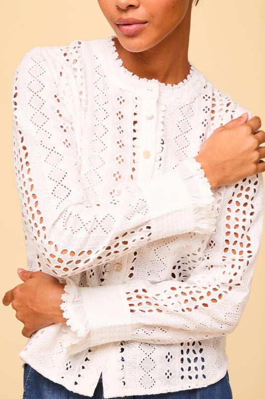 Aspiga Ladies Sustainable Quinn Cotton Blouse White Broderie anglaise