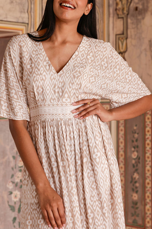 Aspiga Ladies Sustainable Lena Dress EcoVero Summer Holiday Short Sleeve Wedding Guest Ikat Taupe Pink White