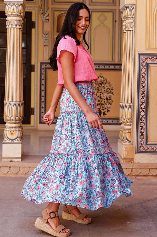 Aspiga Womens Sustainable Becks Block Print Organic Cotton Skirt Floral Printed Wedding Guest Blue Red
