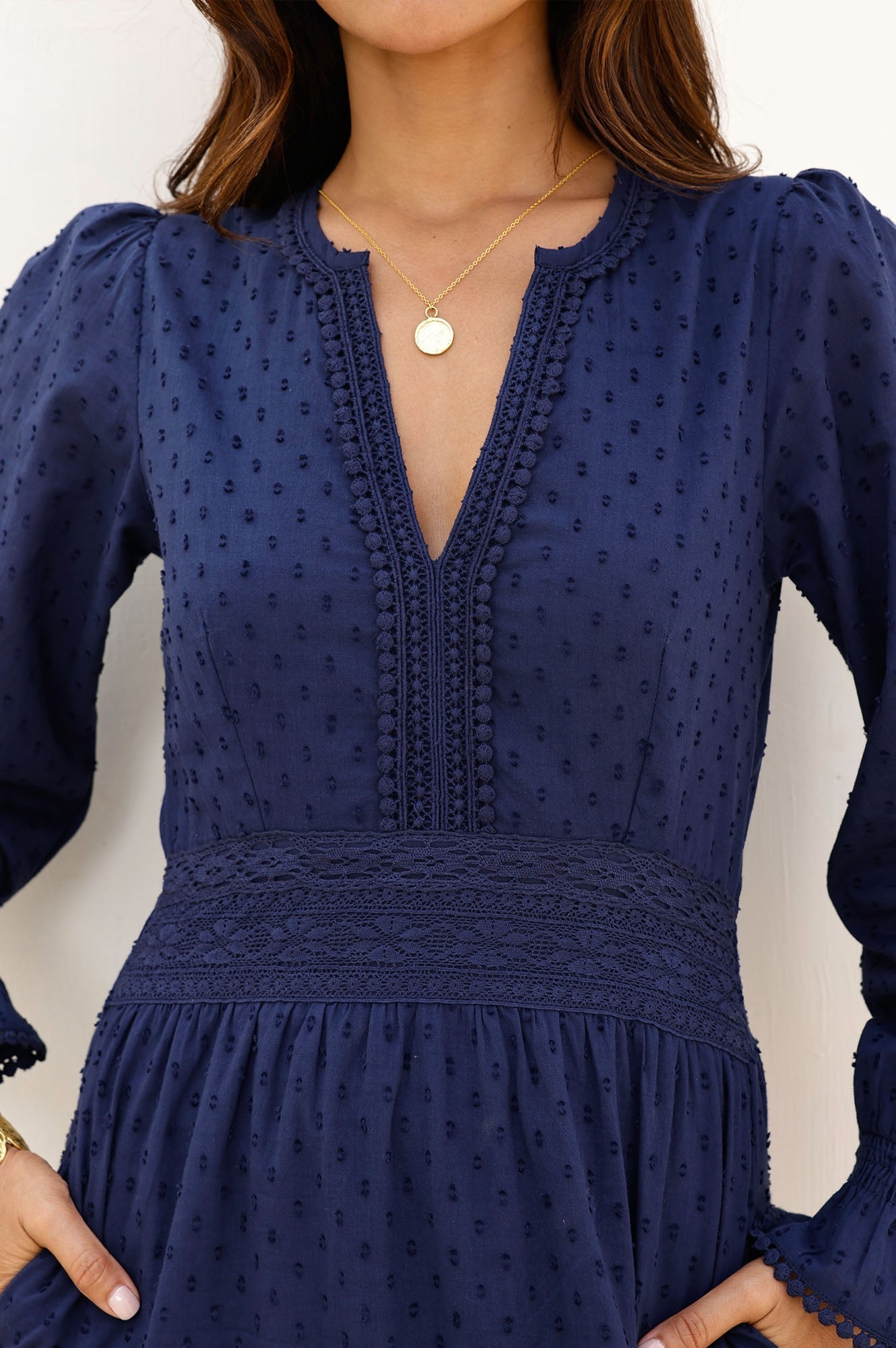 Aspiga Ladies Sustainable Purdie Organic Cotton Dobby Maxi V Neck Summer Wedding Guest Evening Dress Navy Blue