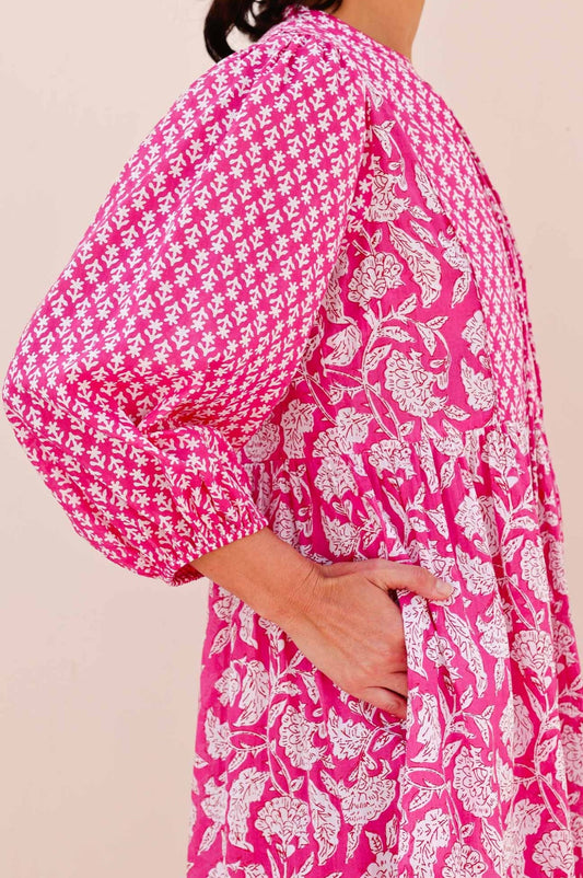 Aspiga Ladies Sustainable Martha Organic Cotton Mix Print Summer Dress Dianthus Print Pink White