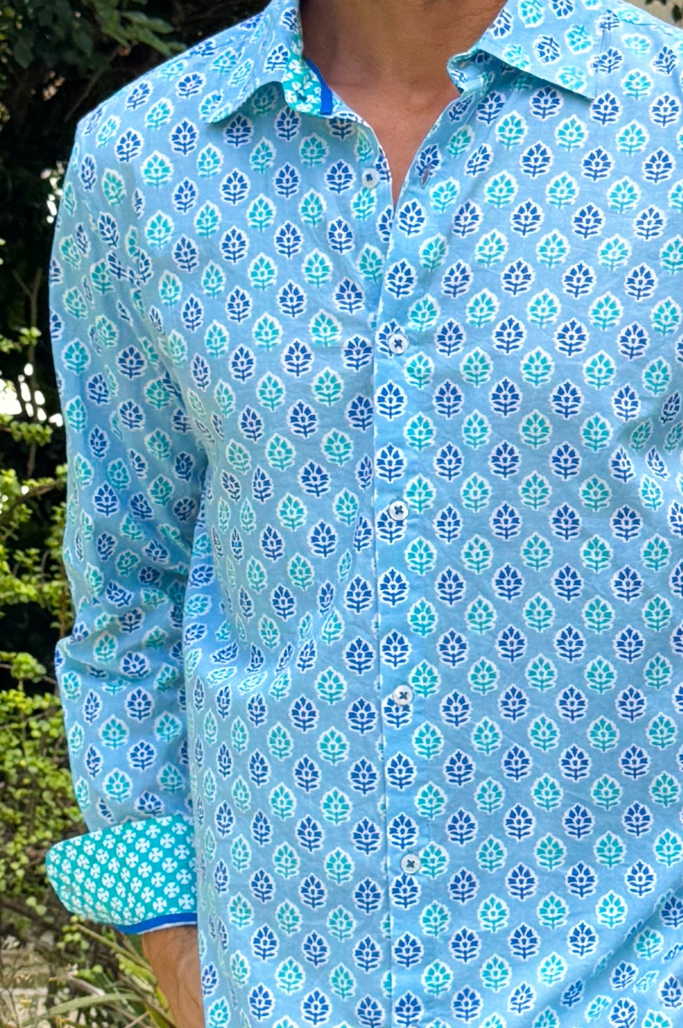 Aspiga Mens Sustainable Organic Cotton Shirt Pattern Hyacinth Blue Turquoise Summer Holiday