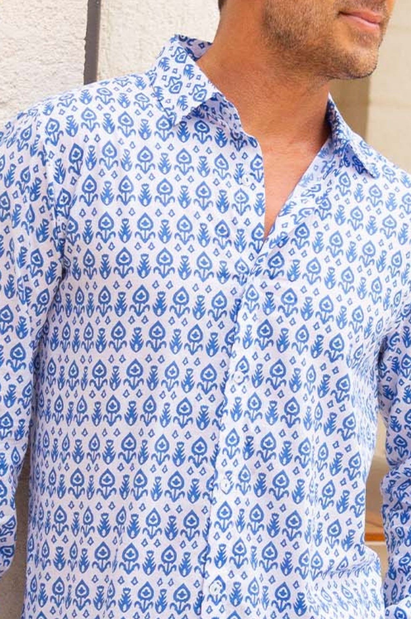 Aspiga Mens Sustainable Organic Cotton Shirt Tear Drop Flower Pattern Summer Holiday Blue White