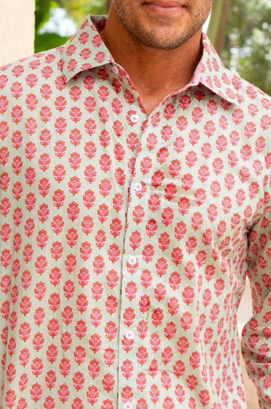 Aspiga Men's Sustainable Printed Cotton Shirt Azalea Pattern Khaki Pink