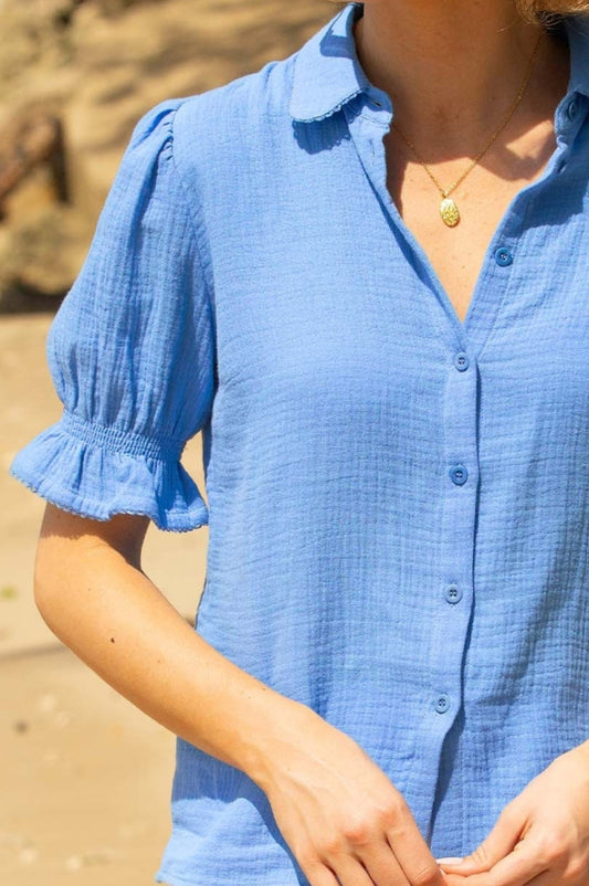 Aspiga Ladies Sustainable Olive Cotton Cheesecloth Blouse Summer Short Sleeve Cornflower Blue