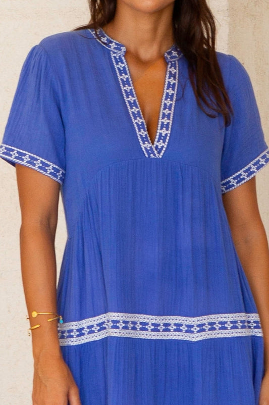 Aspiga Ladies Sustainable Meredith Organic Cotton Dress Summer Beach Cover Up V Neck Dazling Blue White