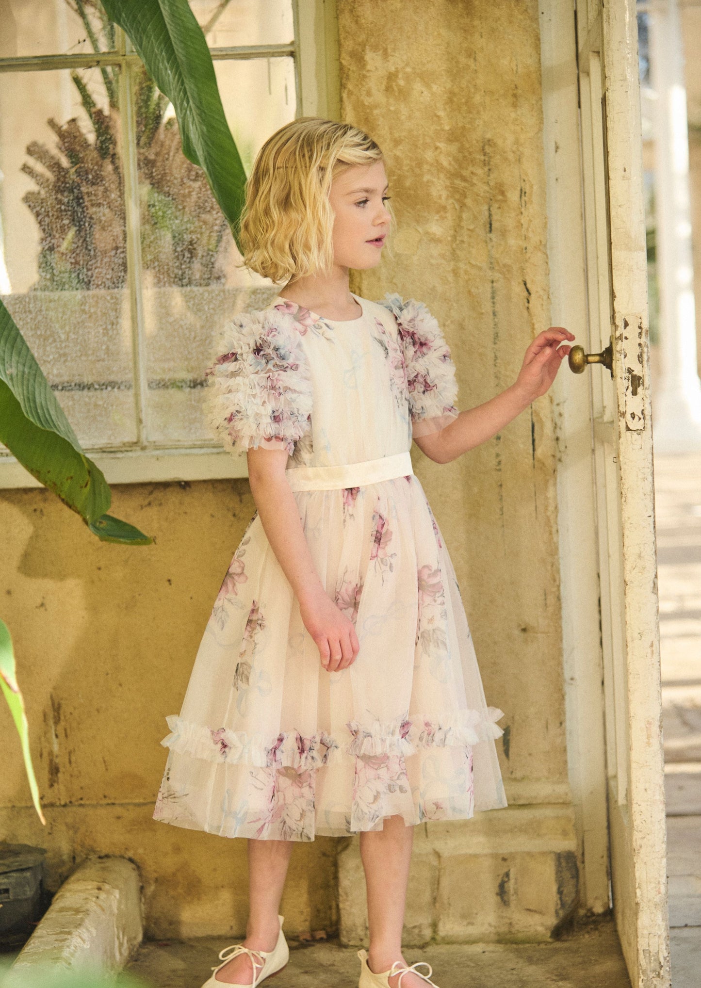 Girls Pink Floral Ruffle Sleeve Party Dress | Angel & Rocket
