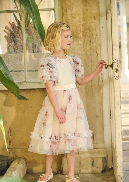 Girls Pink Floral Ruffle Sleeve Party Dress | Angel & Rocket
