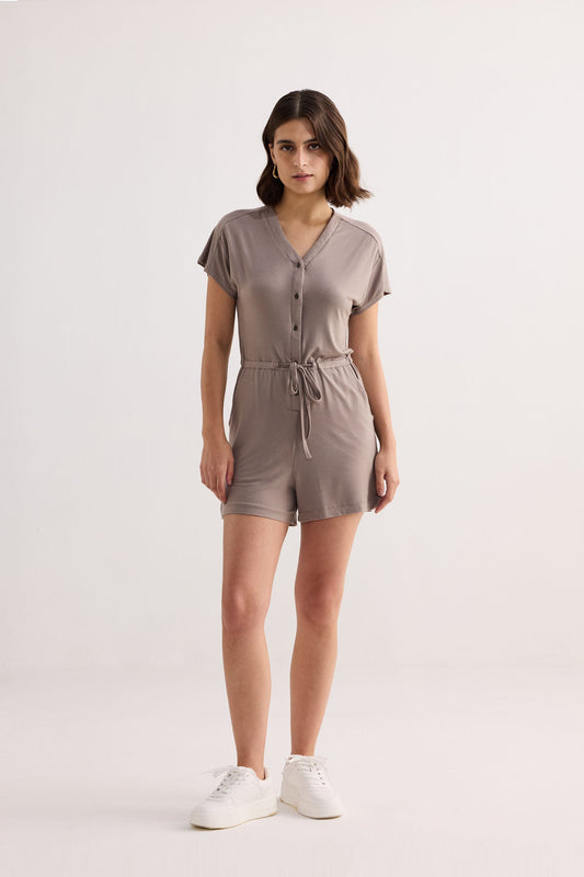 V-neck Drawstring Knit Romper in Earth Grey