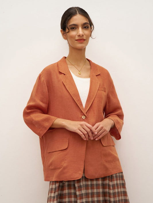 100% Linen 3/4 Sleeve Drop Shoulder Blazer DARA - Burnt Orange
