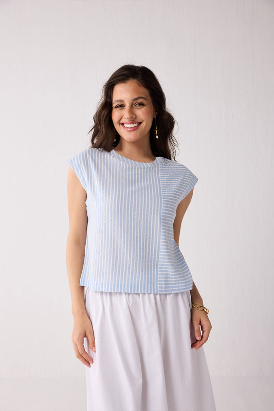 Button-Back Crew Neck Top in Blue Stripes