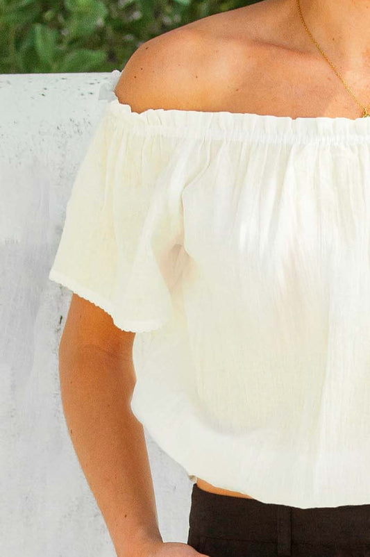 Aspiga Ladies Sustainable Ilana Frill Organic Cotton Gauze Top Summer Holiday On / Off the Shoulder Cream White