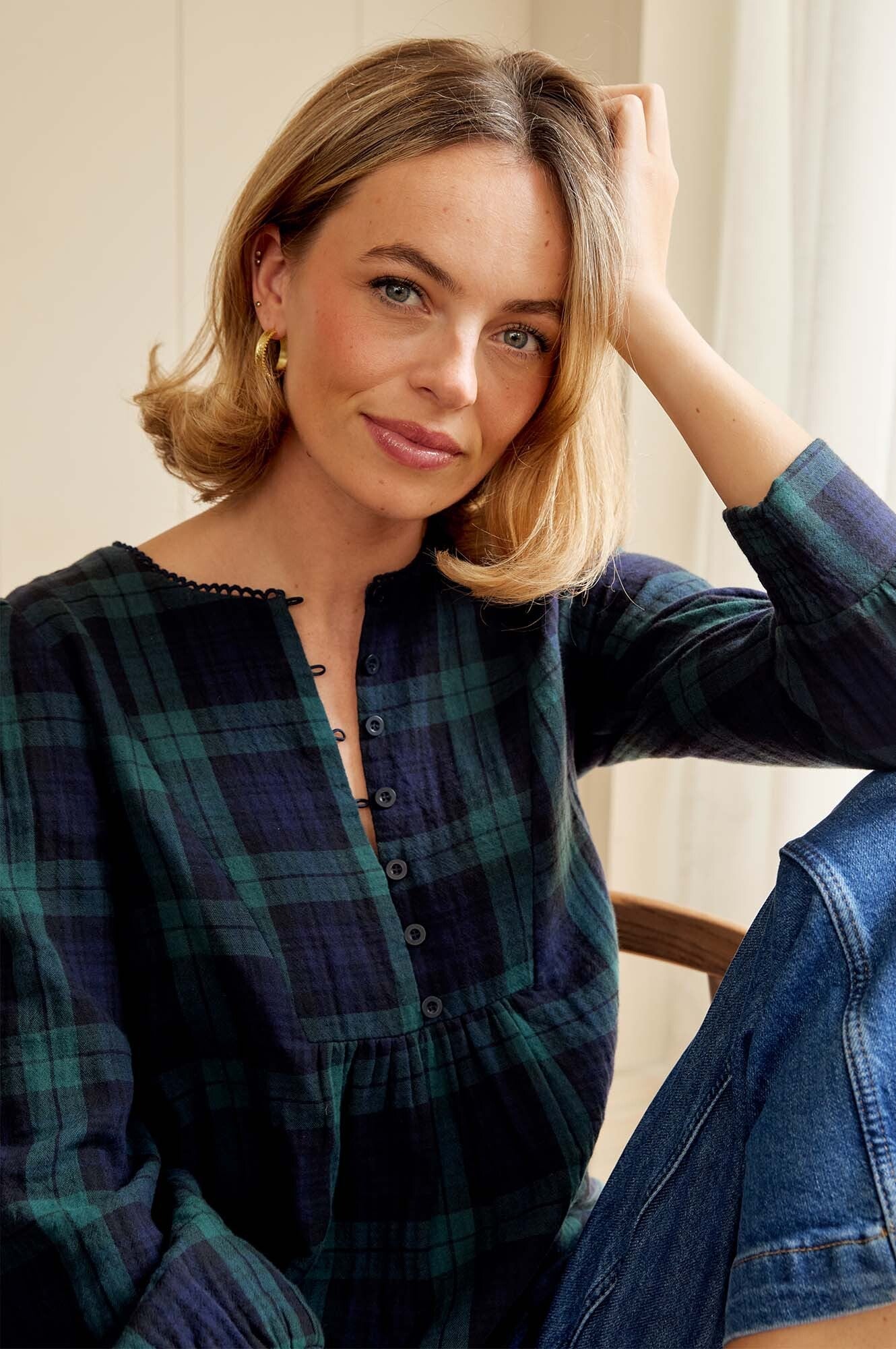 Aspiga Womens Checked Double Cloth Organic Cotton Blouse Navy/Green Blue
