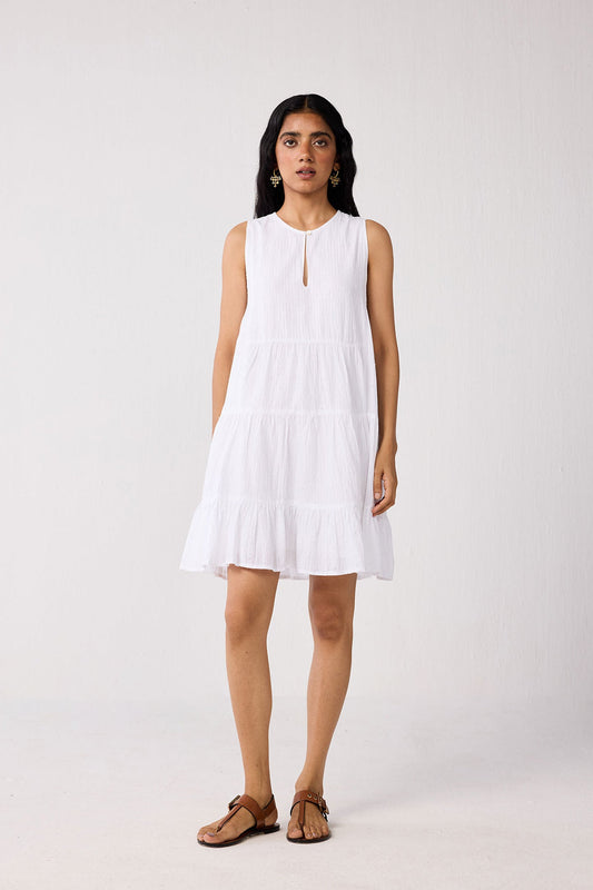 Embroidered Everyday Sleeveless Short Tiered Dress in White
