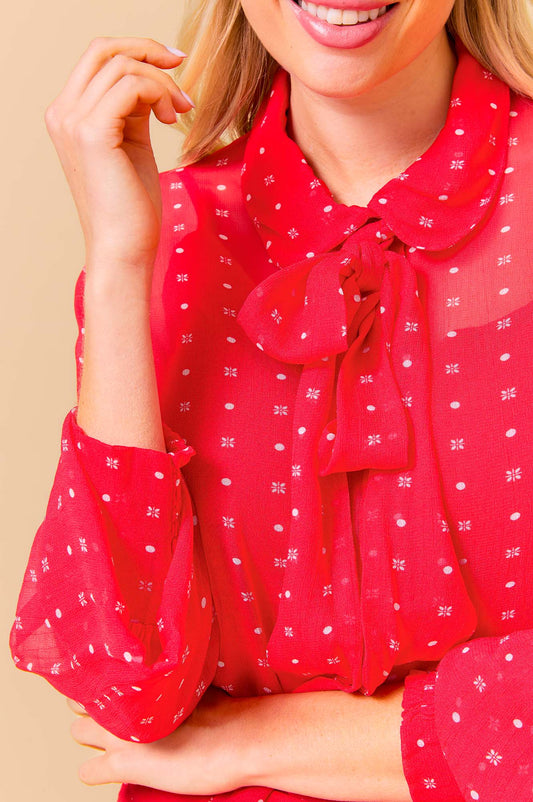 Aspiga Ladies Sustainable Ffion Blouse Viscose Detachable Neck Bow Polka Dot Red White