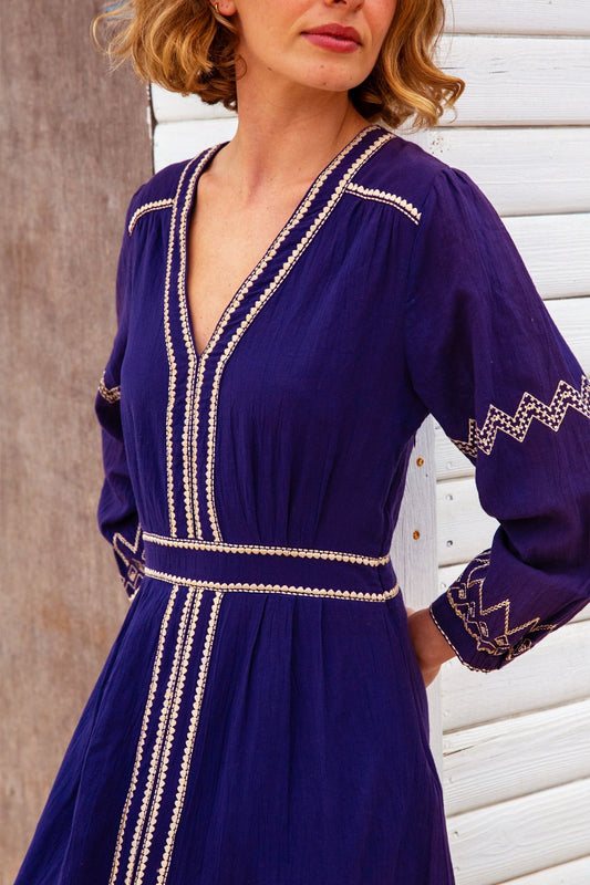 Aspiga Ladies Sustainable Jamila Embroidered Dress Organic Cotton Summer Holiday Blue White