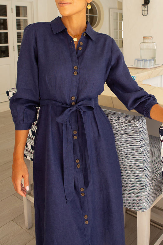 Aspiga Ladies Sustainable Gloria Shirt Dress Linen Button Down with Belt Navy