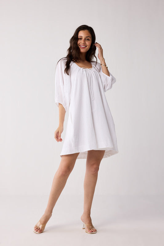 Puff Sleeved Dress with Drawstring Neckline