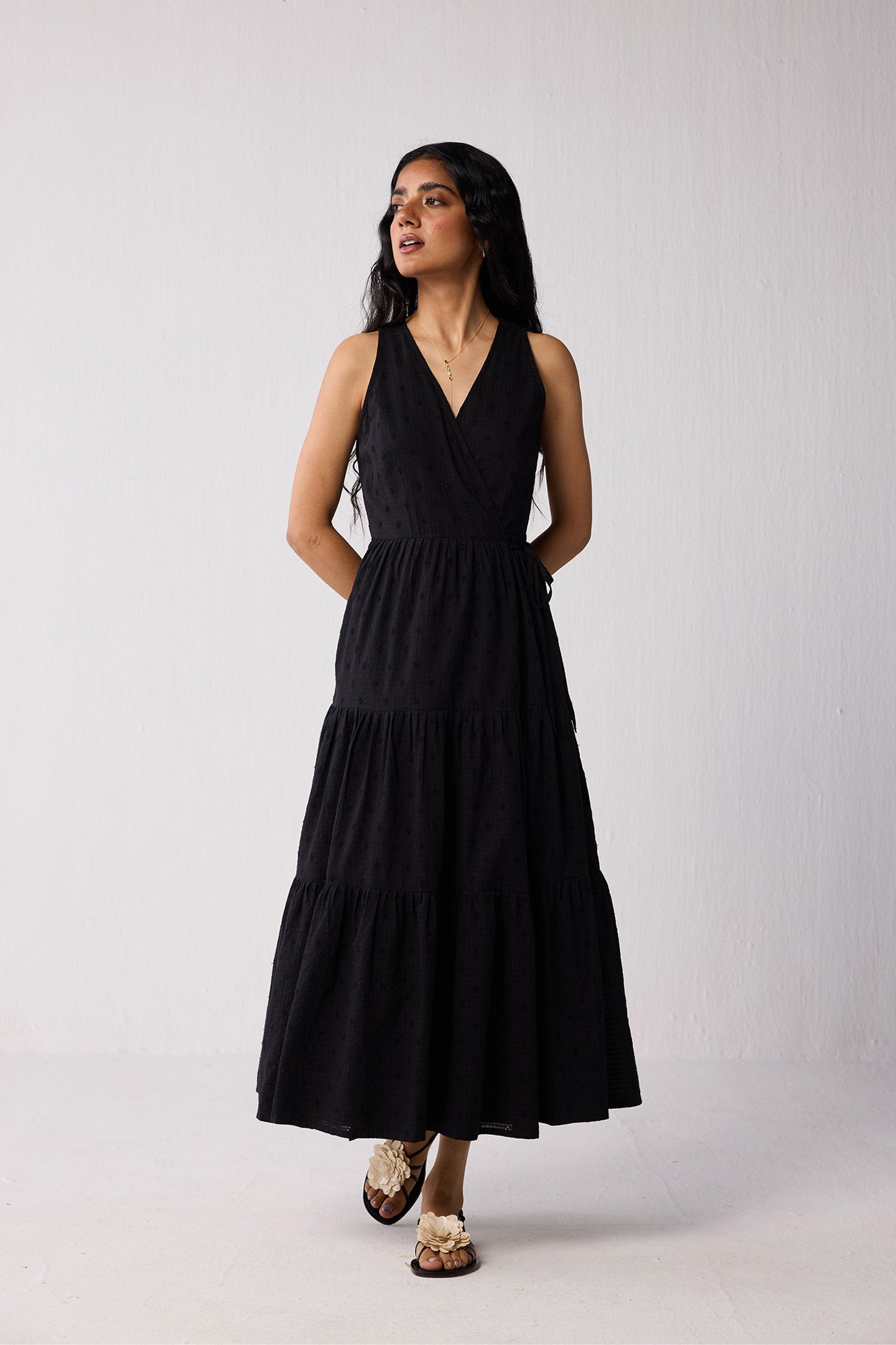 Sleeveless Embroidered Wrap Dress with Tiers in Black