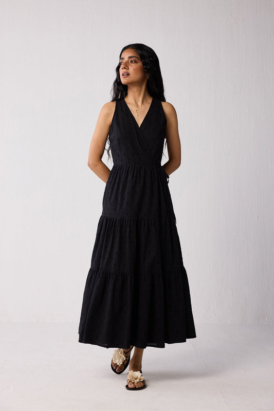 Sleeveless Embroidered Wrap Dress with Tiers in Black