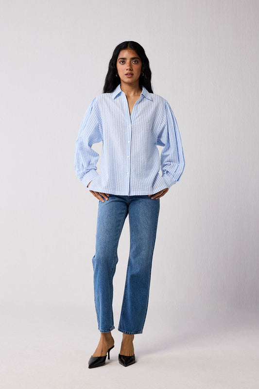 Striped Shirt with Long Balloon Sleeves in Blue