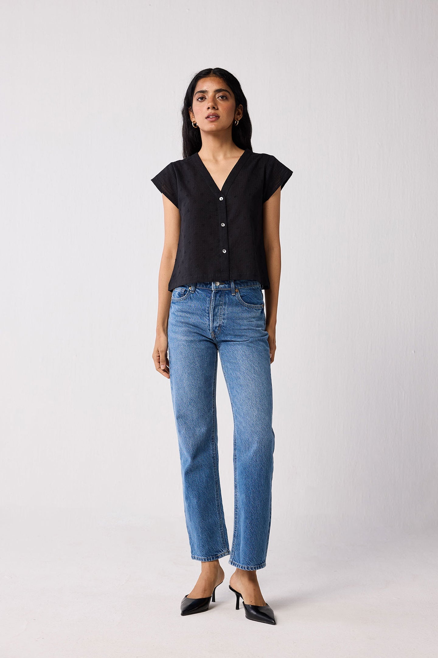V-Neck Embroidered Top with Front Buttons in Black