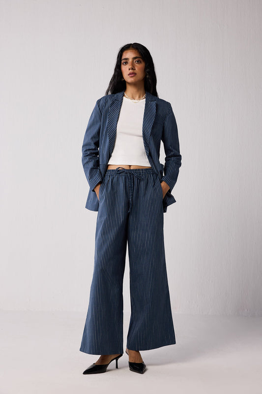 Weekday Blazer and Wide-leg Drawstring Pants Set in Blue Stripes