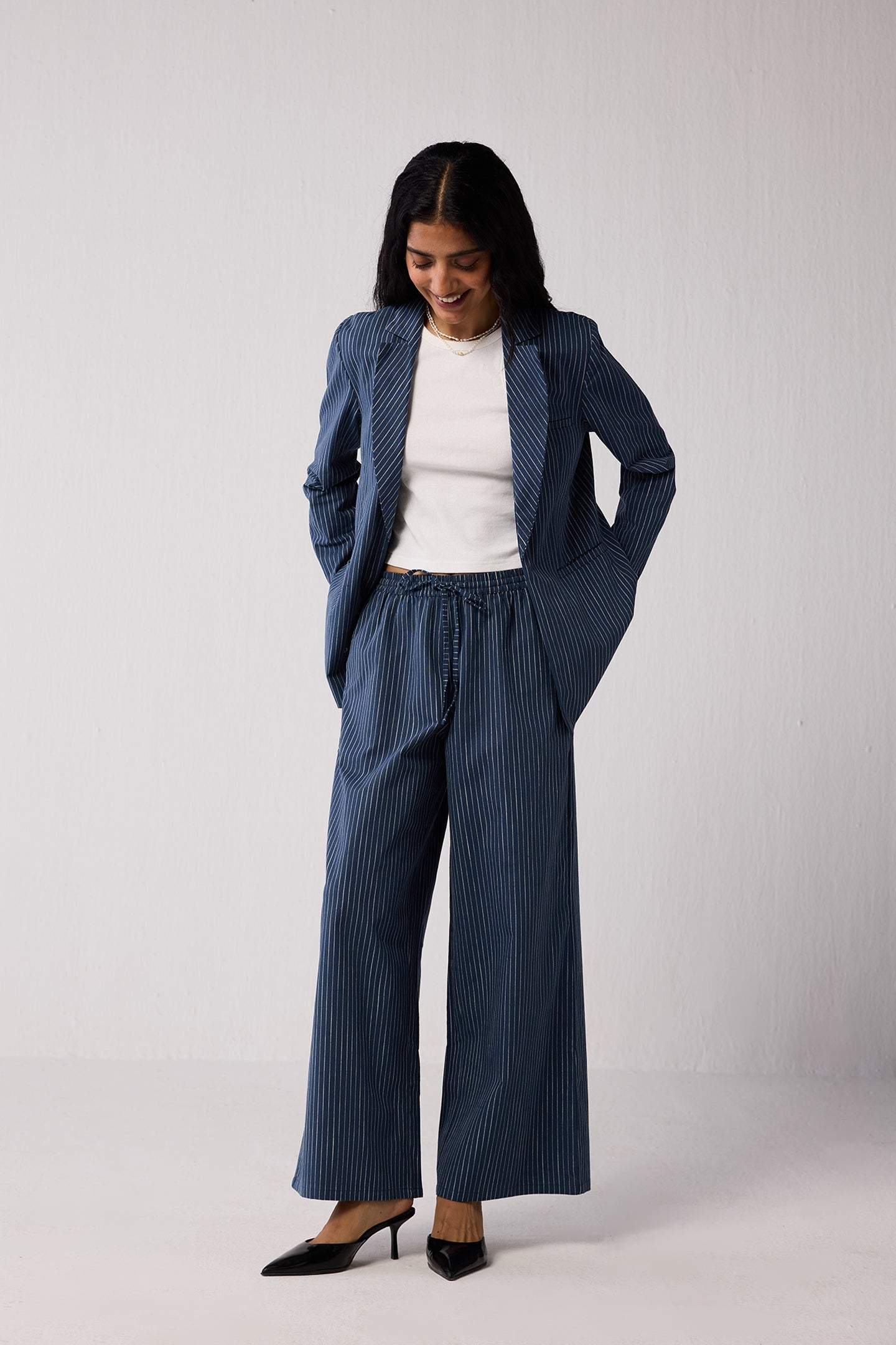 Wide-leg Drawstring Pants with Navy and White Stripes in Blue